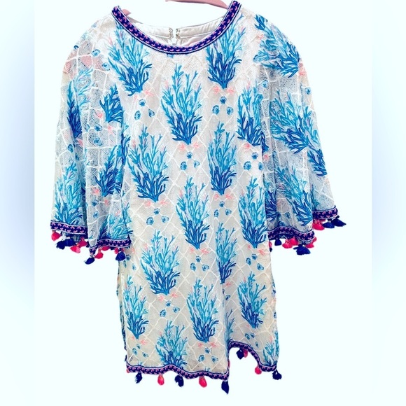 Lilly Pulitzer Unicorn Jackelin Romper Coral Reef Tassel Trim Blue Pink Size 00 - Picture 5 of 7